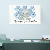 Blauwe Baby Jongen Olifant Bloemen Verjaardag Spandoek (Beurs)