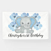Blauwe Baby Jongen Olifant Bloemen Verjaardag Spandoek (Horizontaal)