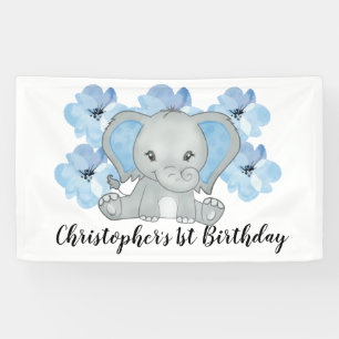 Blauwe Baby Jongen Olifant Bloemen Verjaardag Spandoek