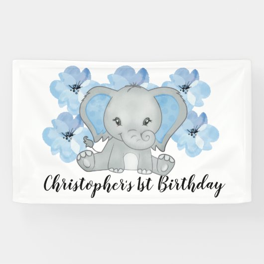 Blauwe Baby Jongen Olifant Bloemen Verjaardag Spandoek (Horizontaal)