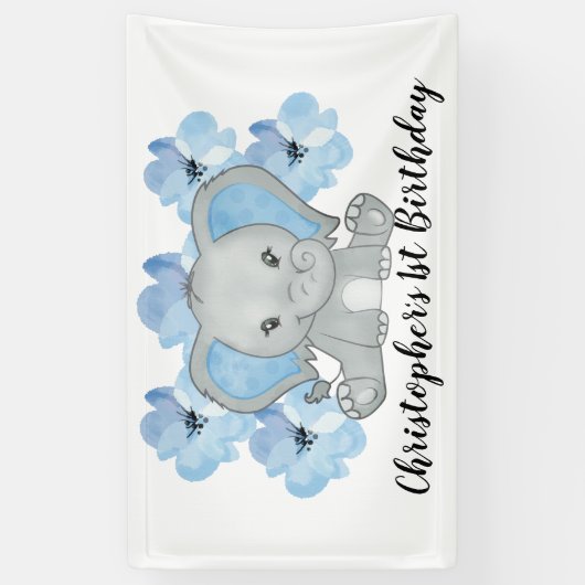 Blauwe Baby Jongen Olifant Bloemen Verjaardag Spandoek (Verticaal)