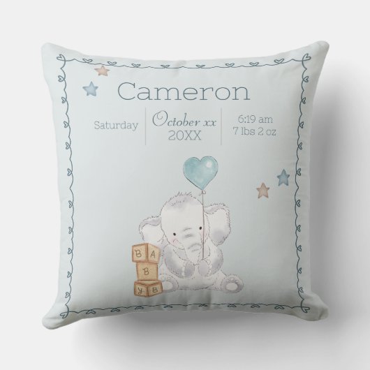 Blauwe Baby Jongen Olifant Custom Naam Keepsake Kussen (Achterkant)