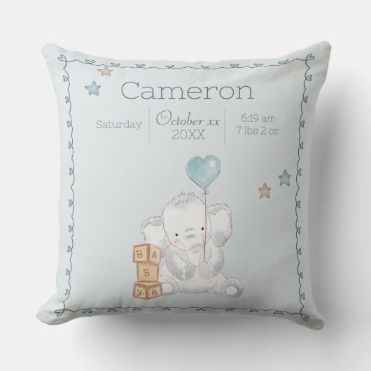 Blauwe Baby Jongen Olifant Custom Naam Keepsake Kussen (Voorkant)