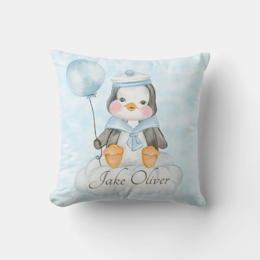 Blauwe Baby Jongen Pinguïn Kussen (Voorkant)