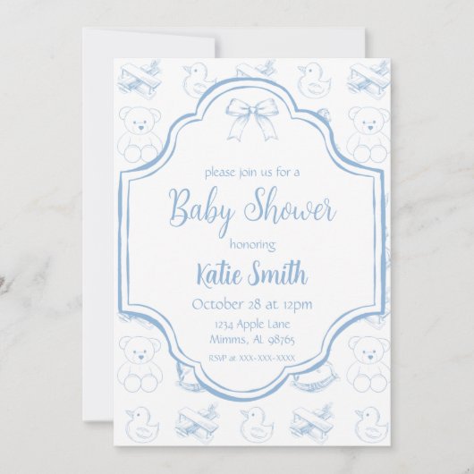 Blauwe baby jongen shower uitnodiging (Voorkant)