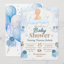 Blauwe baby jongen verjaardagsuitnodiging met ball