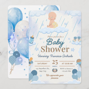 Blauwe baby jongen verjaardagsuitnodiging met ball kaart