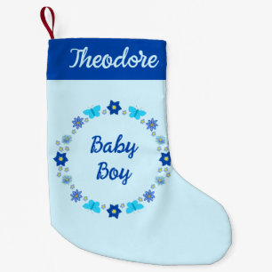Blauwe Baby Jongen Vlinders en Bloemen Aangepaste Kleine Kerstsok
