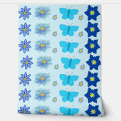 Blauwe Baby Jongen Vlinders en Bloemen met patrone Behang (Afrollen)
