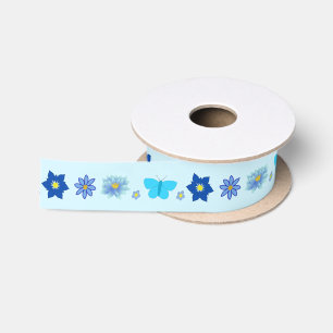 Blauwe Baby Jongen Vlinders en Bloemen met patrone Satijnen Lint