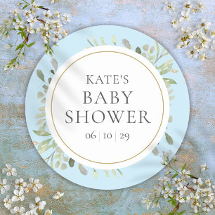 Blauwe baby jongensfeest Waterverf Groene bladeren Ronde Sticker