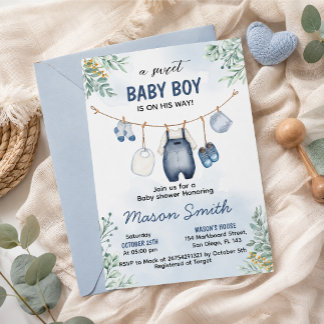 Blauwe baby jongensklerenlijn baby shower kaart
