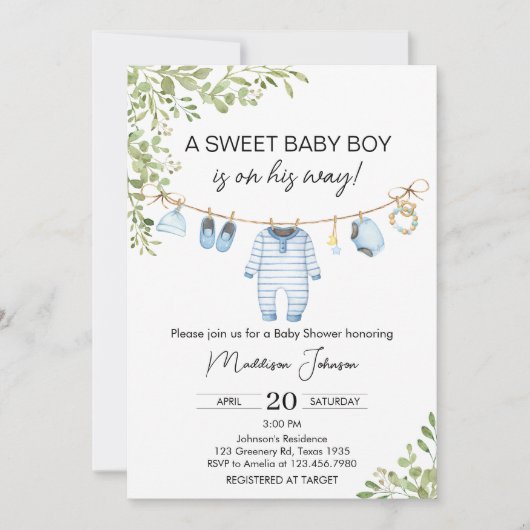 Blauwe Baby Kleding Baby shower Uitnodiging (Voorkant)