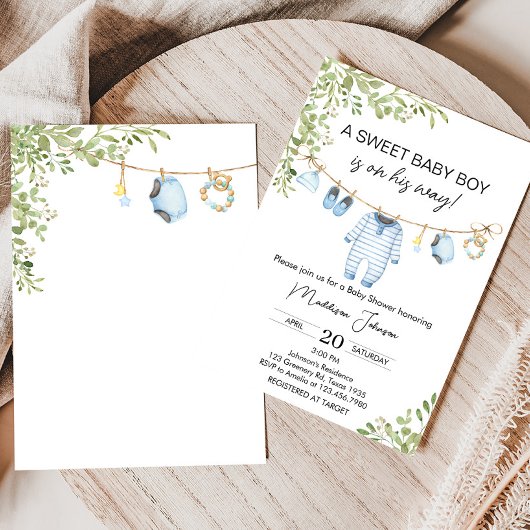 Blauwe Baby Kleding Baby shower Uitnodiging