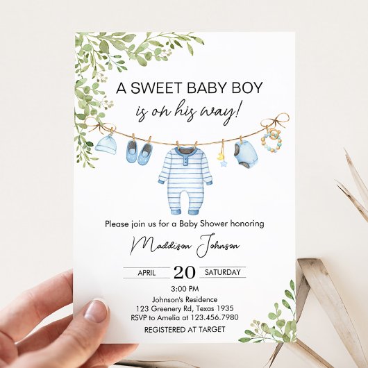 Blauwe Baby Kleding Baby shower Uitnodiging