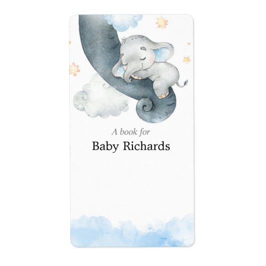 Blauwe baby olifant baby shower boek label sticker (Voorkant)