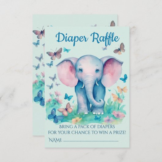 Blauwe Baby Olifant Baby shower Luier Raffle Informatiekaartje (Voorkant / Achterkant)