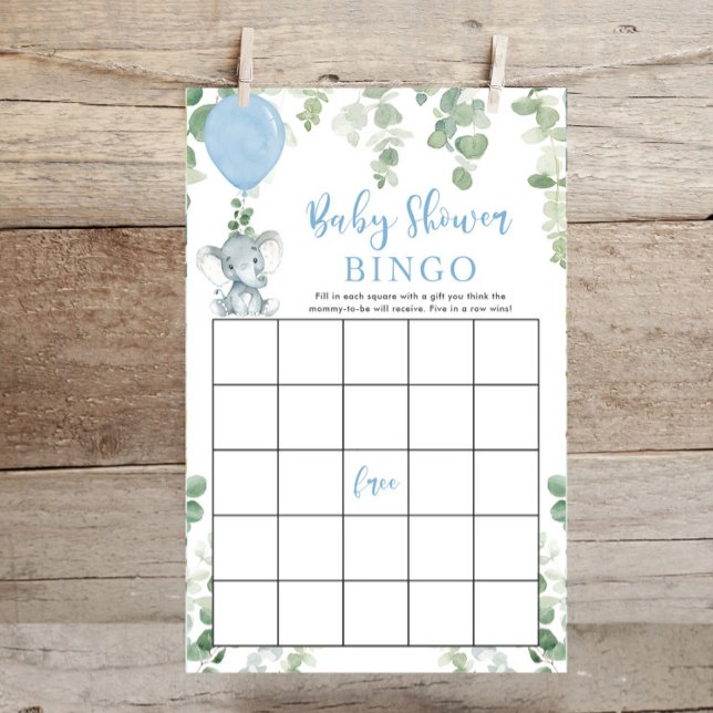Blauwe baby olifant ballon baby shower bingo game (Creator heeft geüpload)