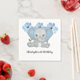 Blauwe Baby Olifant Jongen Bloemen Verjaardag Servet
