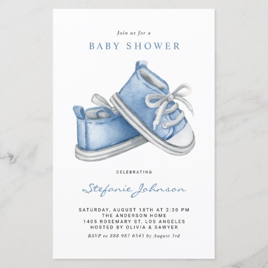 Blauwe Baby schoenen Het is een Baby shower-uitnod (Voorkant)