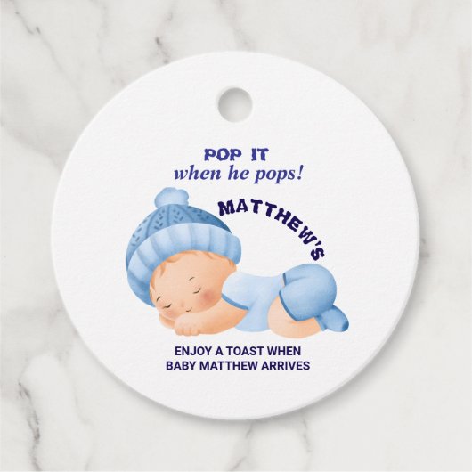 Blauwe baby shower, baby jongen shower bedankjes labels (Voorkant)