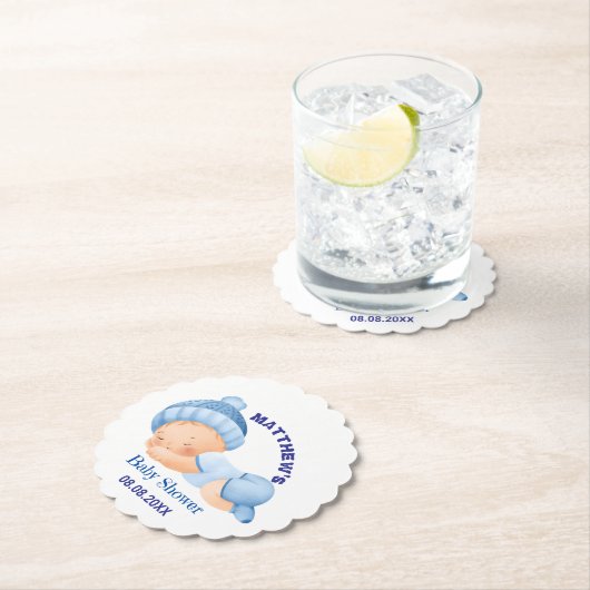 Blauwe baby shower, baby jongen shower kartonnen onderzetters (Insitu)