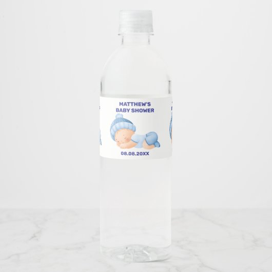 Blauwe Baby Shower, Baby Jongens Shower Waterfles Etiket (Voorkant)