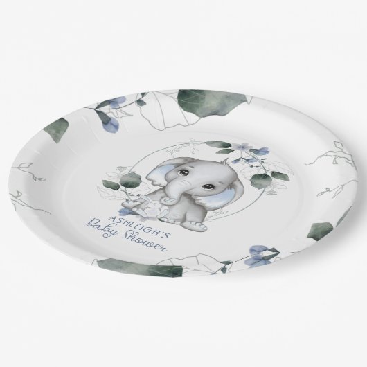 Blauwe Baby shower Elephant Waterverf Greenery Papieren Bordje (Gekanteld)