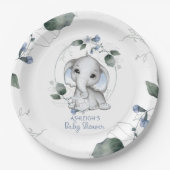 Blauwe Baby shower Elephant Waterverf Greenery Papieren Bordje (Voorkant)