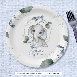 Blauwe Baby shower Elephant Waterverf Greenery Papieren Bordje