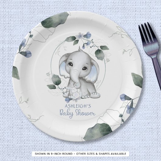 Blauwe Baby shower Elephant Waterverf Greenery Papieren Bordje