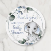 Blauwe Baby shower Elephant Waterverf Hartelijk da Bedankjes Labels (Achterkant)