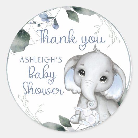 Blauwe Baby shower Elephant Waterverf Hartelijk da Ronde Sticker (Voorkant)