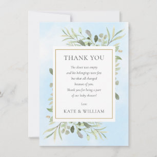 Blauwe baby shower gedicht lente bladeren groen bedankkaart