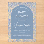 Blauwe baby shower jongensboog bloemmotief & scri Acryl Uitnodigingen (Voorkant)