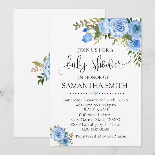 Blauwe baby shower kaart (Voorkant / Achterkant)