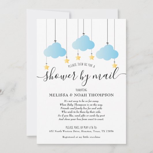 Blauwe baby shower per post op afstand sprinkle kaart (Voorkant)