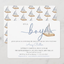 Blauwe baby shower uitnodiging met zeilboten