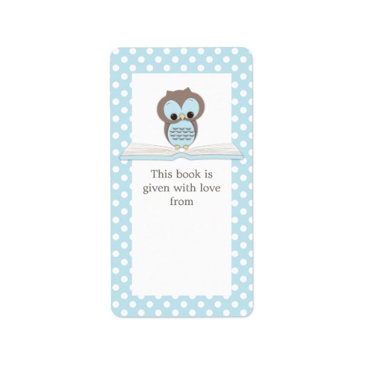 Blauwe Baby Uil op Boek Gift Bookplate Label (Voorkant)