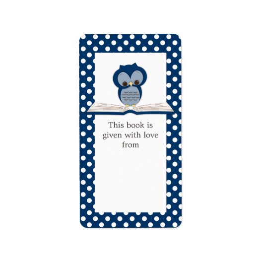 Blauwe Baby Uil op Boek Gift Bookplate Label (Voorkant)