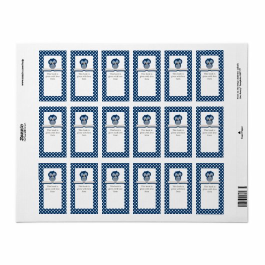 Blauwe Baby Uil op Boek Gift Bookplate Label (Full Sheet)