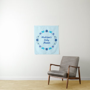Blauwe Babyjongen Vlinders en Bloemen Op Maat Wandkleed