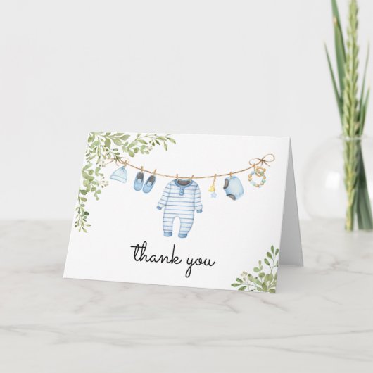 Blauwe babykleding Baby shower Bedankkaart (Voorkant)