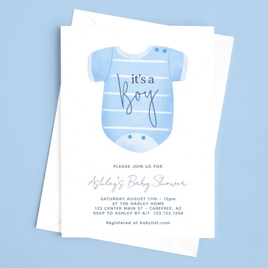 Blauwe babykleding Het is een Boy Baby shower Kaart
