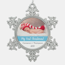Blauwe baby's eerste kerstfeest baby foto-keepslag tin sneeuwvlok ornament