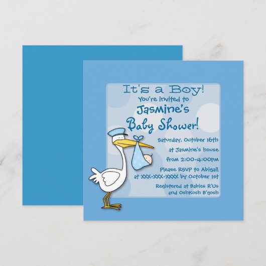 Blauwe baby's van de ooievaar podot doucheuitnodig kaart (Voorkant / Achterkant)