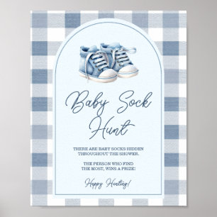 Blauwe babyschoenen geruite baby shower babysokken poster