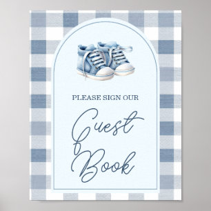 Blauwe babyschoenen geruite babyshower gastboek poster