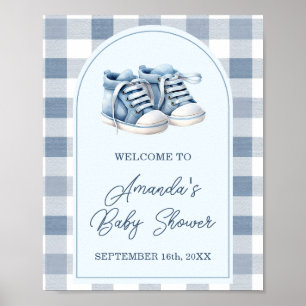Blauwe babyschoenen Gingham jongen baby shower wel Poster