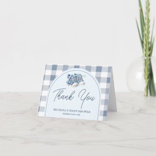 Blauwe babyschoenen Gingham schoentjes baby shower Bedankkaart